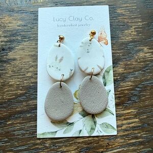Lucy Clay Co. White & Taupe Handcrafted Clay Drop Earrings